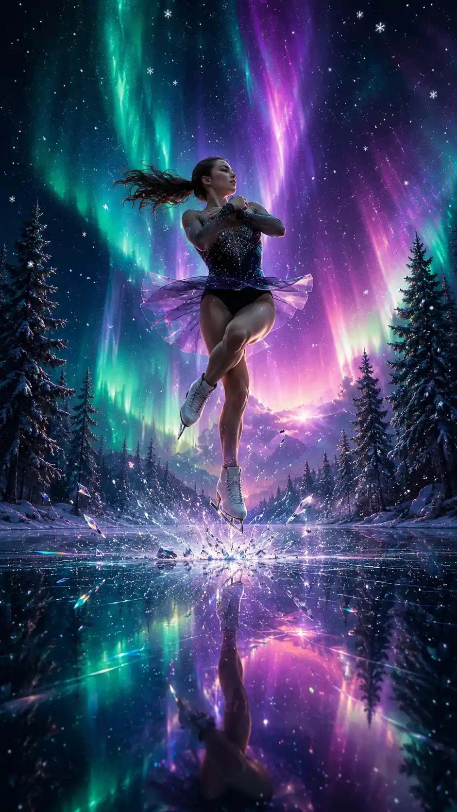 Figure skater leaping above aurora lit frozen lake