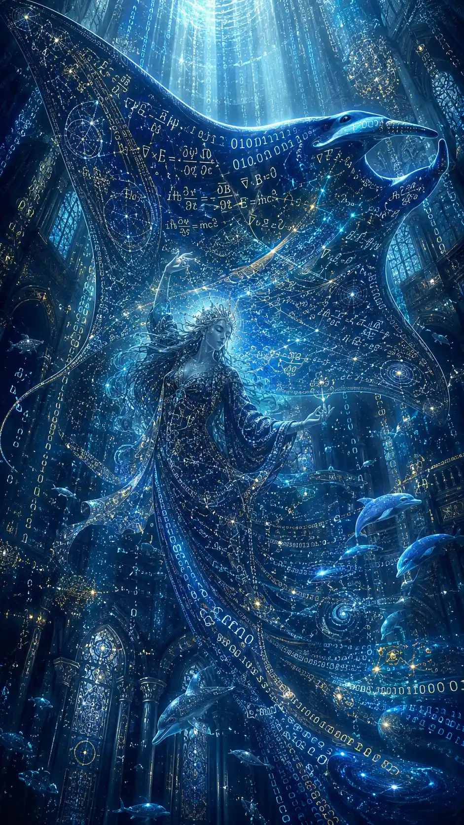 Celestial manta ray gliding through an underwater cathedral