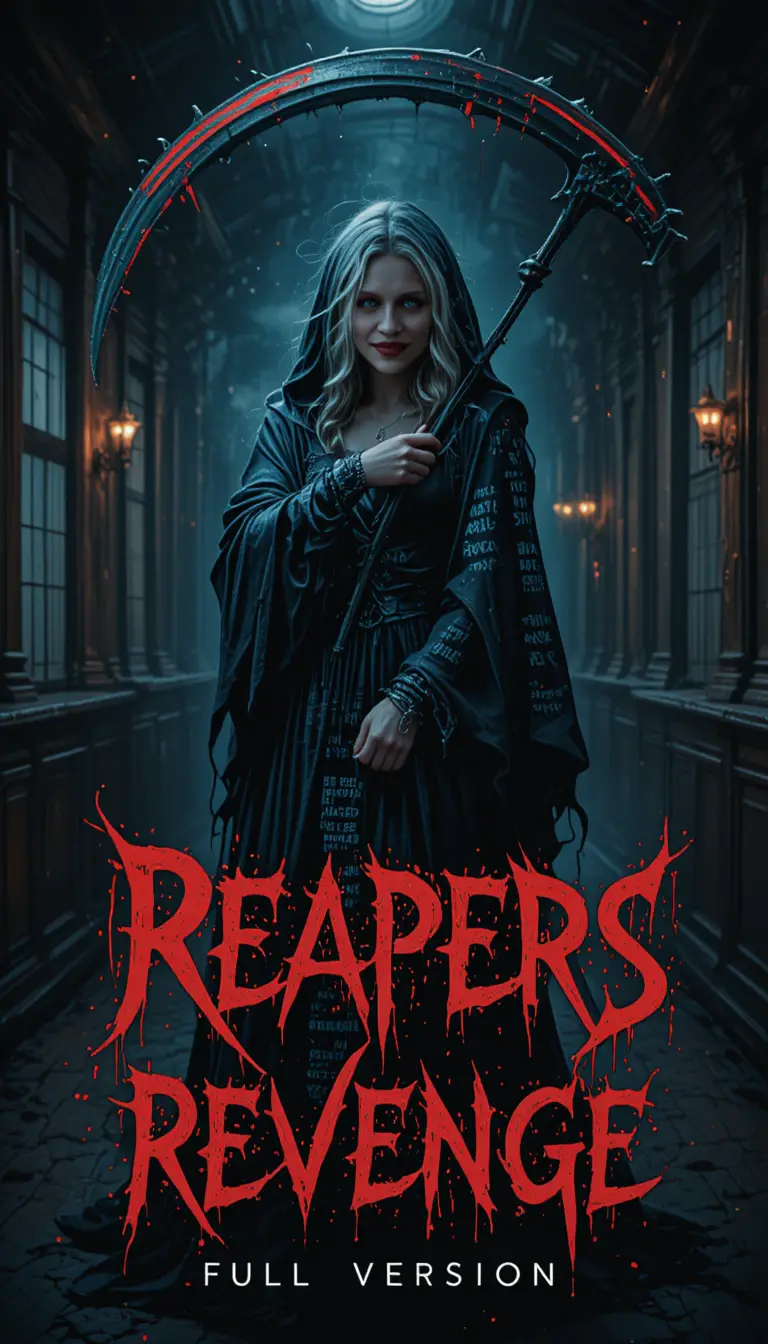 Hooded woman with scythe in dark gothic ballroom