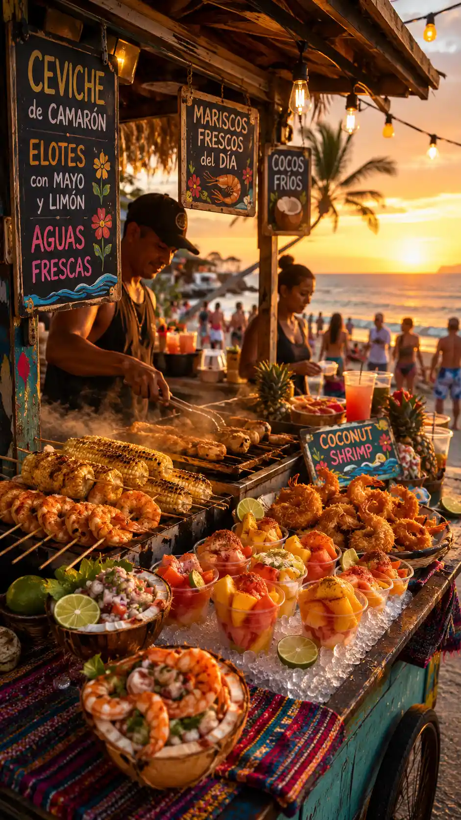 Carrito de comida callejera junto a la playa al atardecer dorado