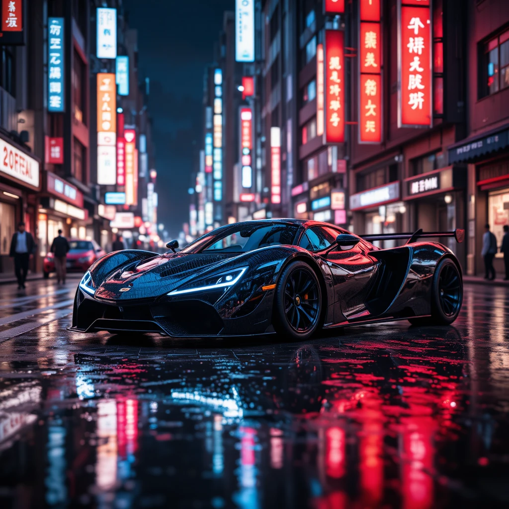 雨の東京の夜道に佇む未来的な黒いハイパーカー