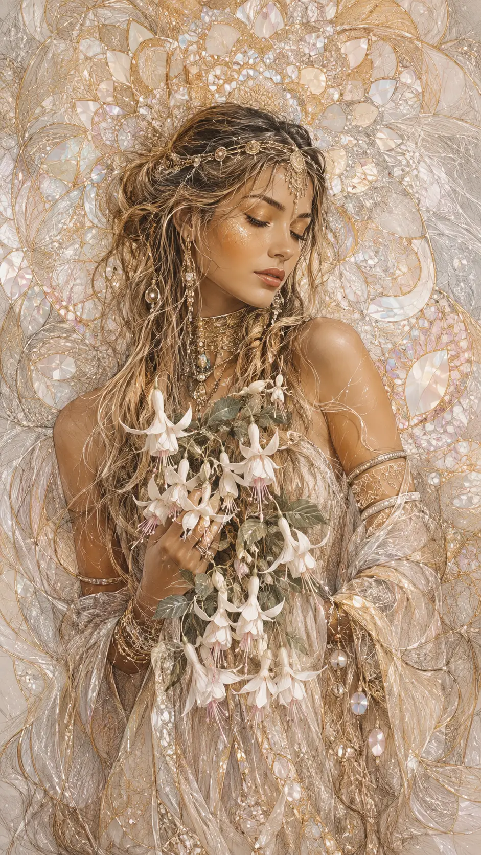 Boho woman holding white flowers with glowing golden accents