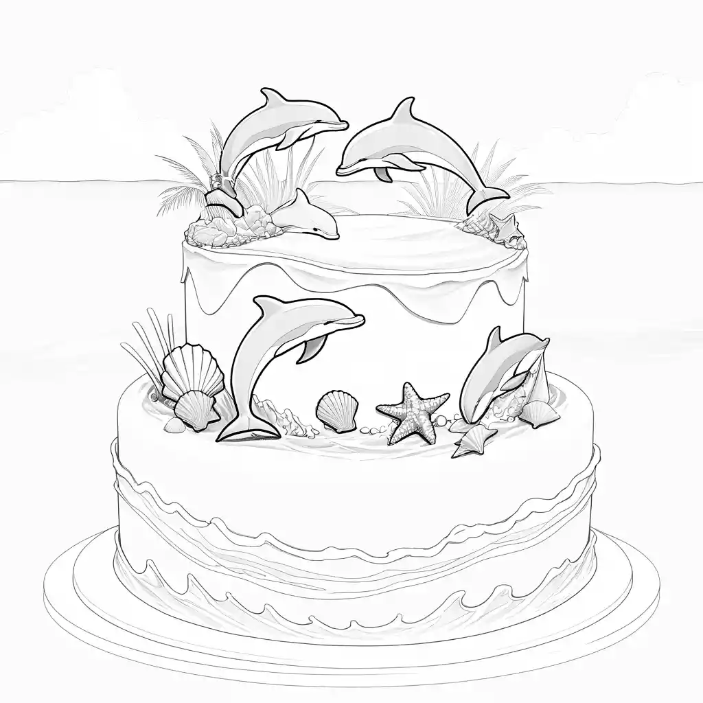Joyful birthday cake with dolphins over sparkling ocean waves