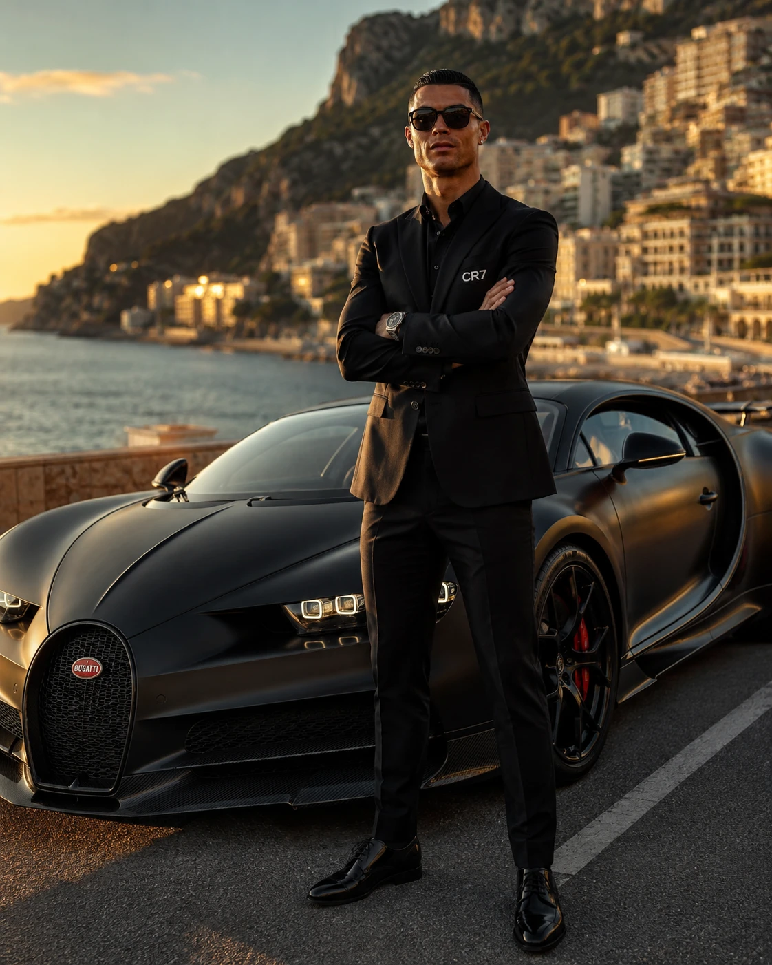 Hombre con traje negro junto a supercoche negro mate en la costa