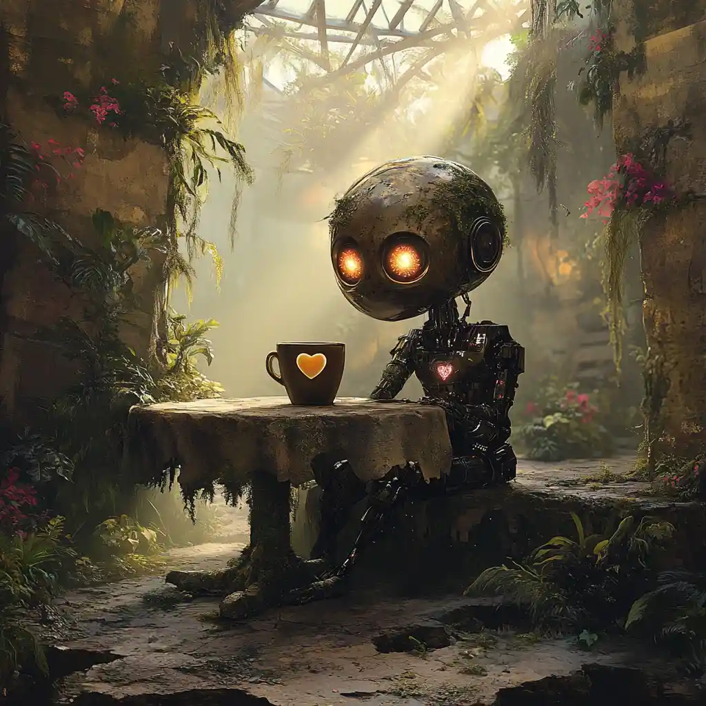Mujer cyborg bebiendo café en cafetería fantástica cubierta de vegetación