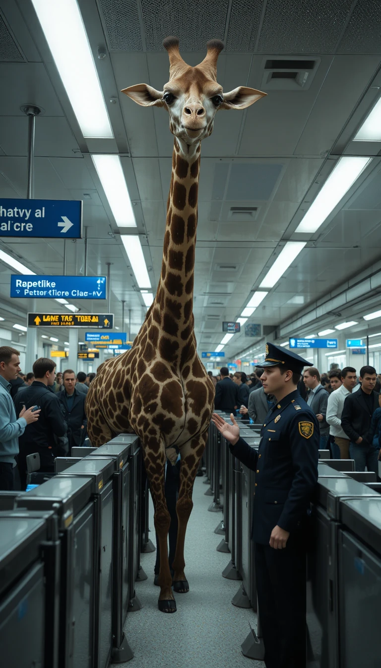 Girafa lutando na fila de controle de passaporte no aeroporto