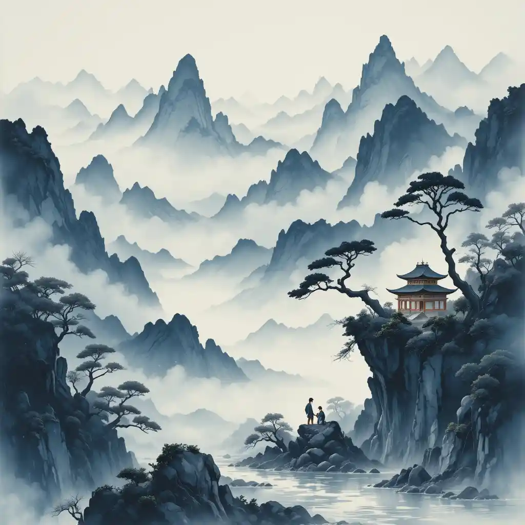 Couple Meeting Under Pines In Misty Mountain Landscape
