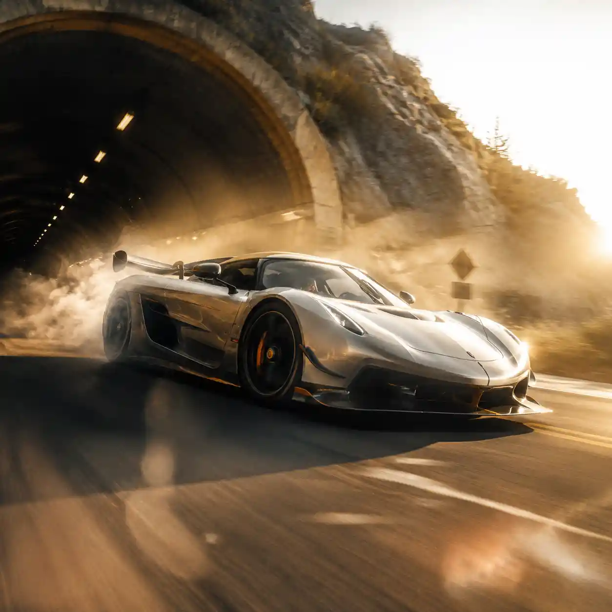 Hypercar che sfreccia da un tunnel buio verso la luce del sole