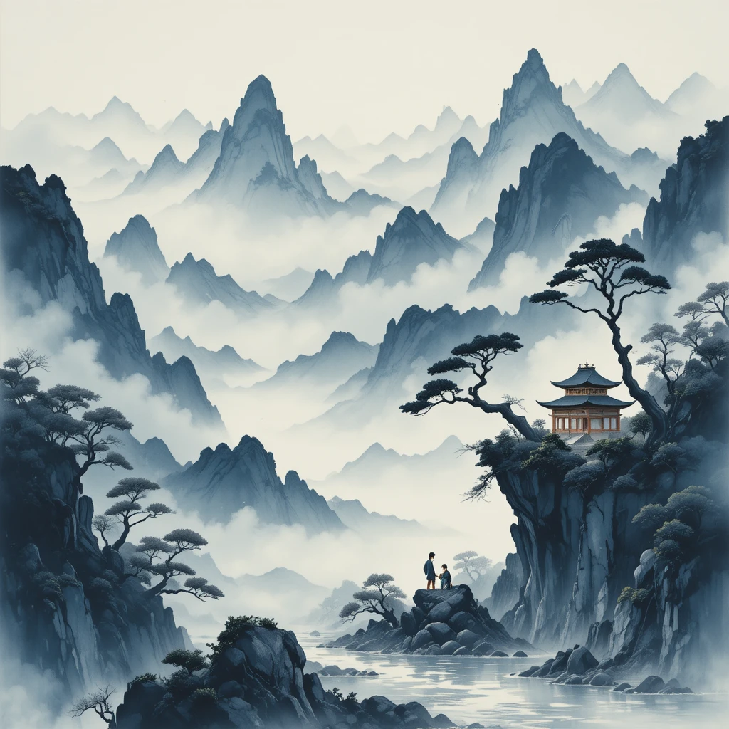 Couple Meeting Under Pines In Misty Mountain Landscape