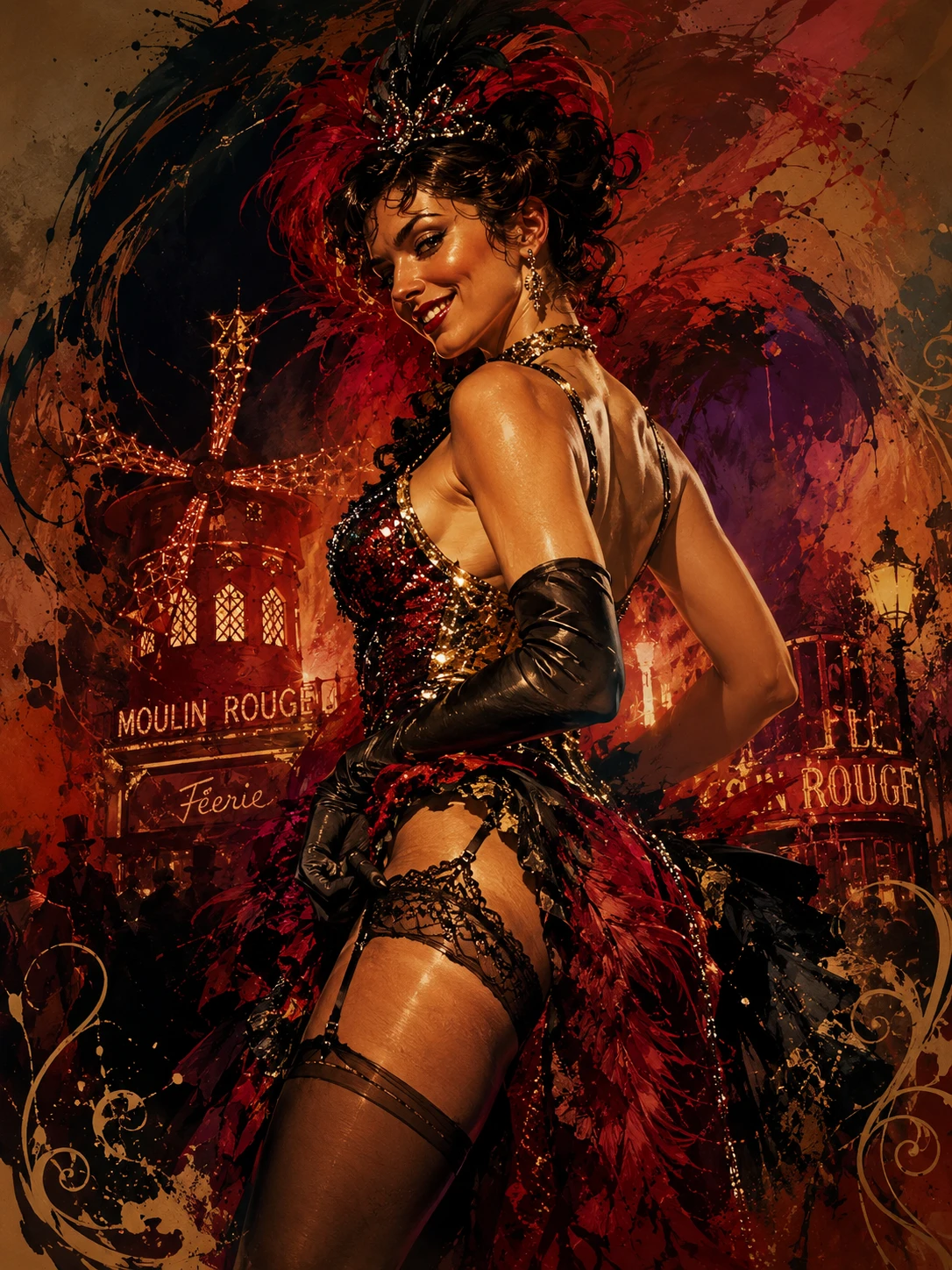 Vedette del Moulin Rouge posando bajo un cálido foco del escenario