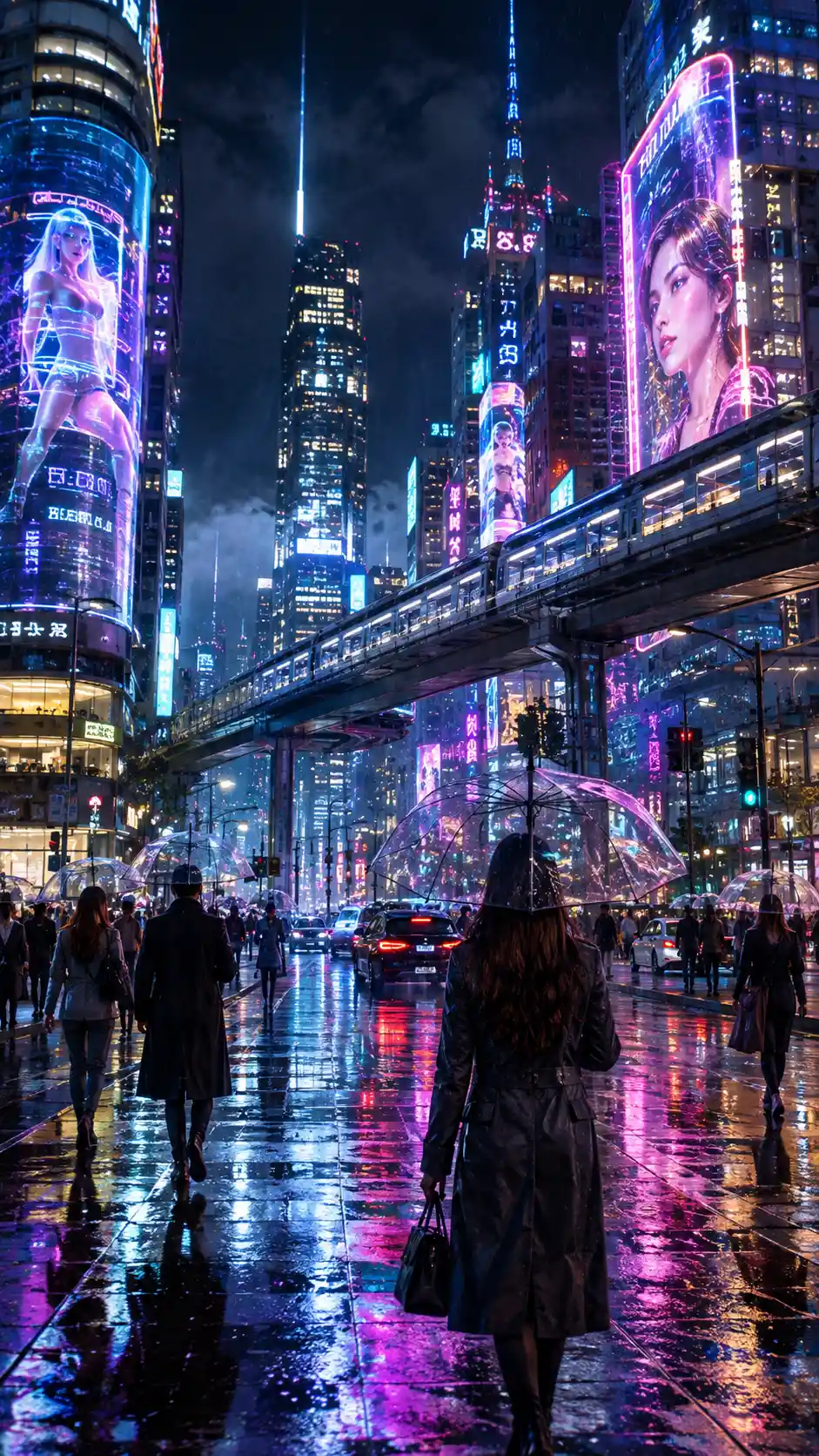 Calle futurista de neón con brillantes reflejos sobre el pavimento mojado
