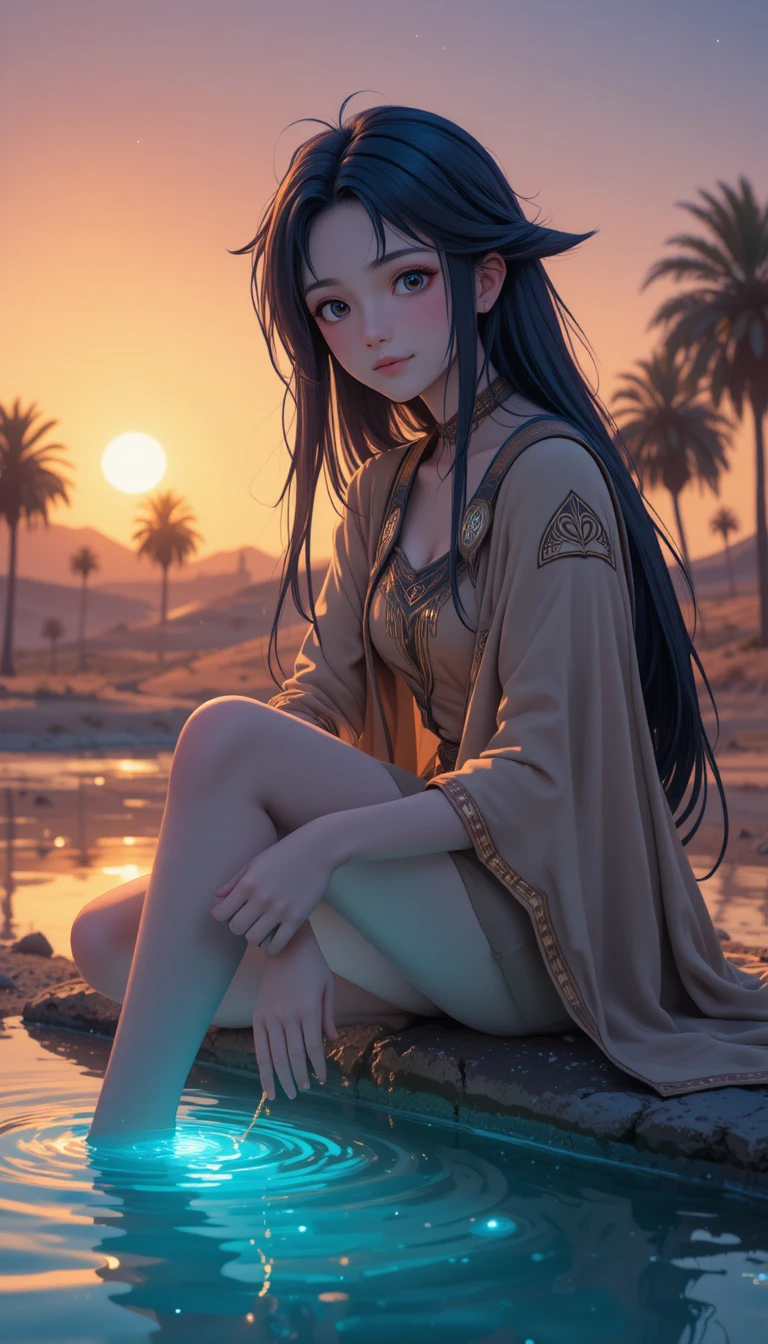 Chica de anime junto a un oasis resplandeciente al tranquilo crepúsculo