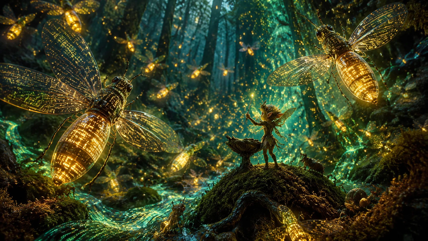 Enchanted Forest Spirit Conducting Swarm Of Data Fireflies