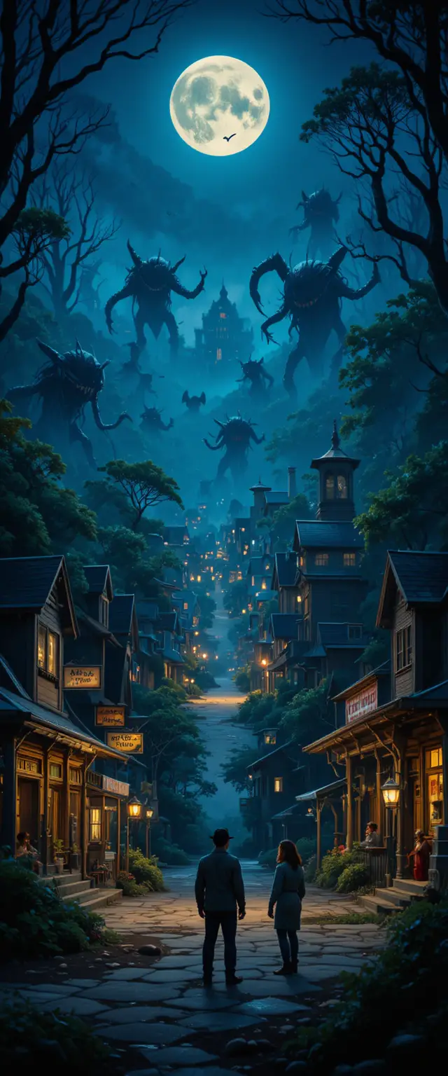 Pixar style nightmare town in the American Midwest