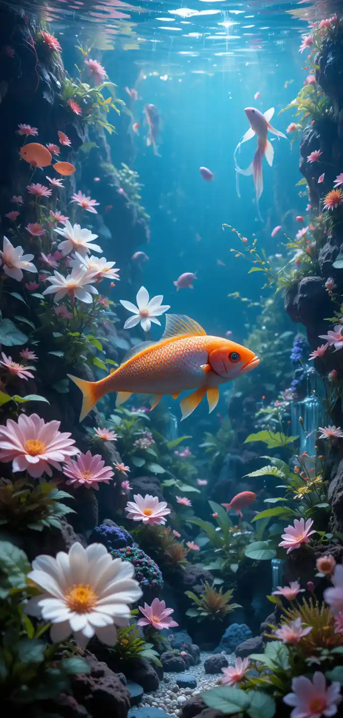 Acuario sereno con peces arawana y exuberantes plantas acuáticas