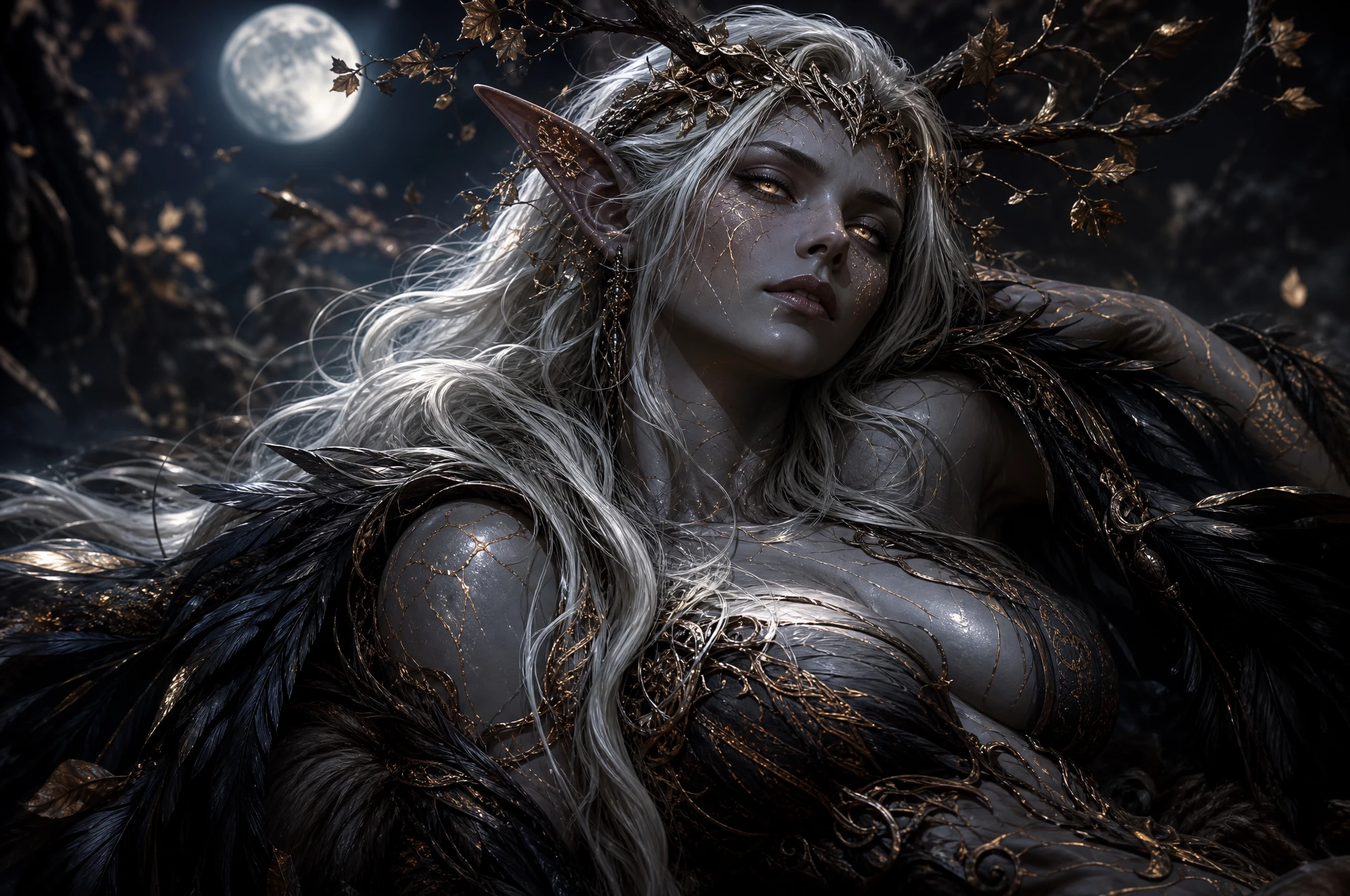 Diosa elfa oscura reclinada en un bosque de fantasía a la luz de la luna