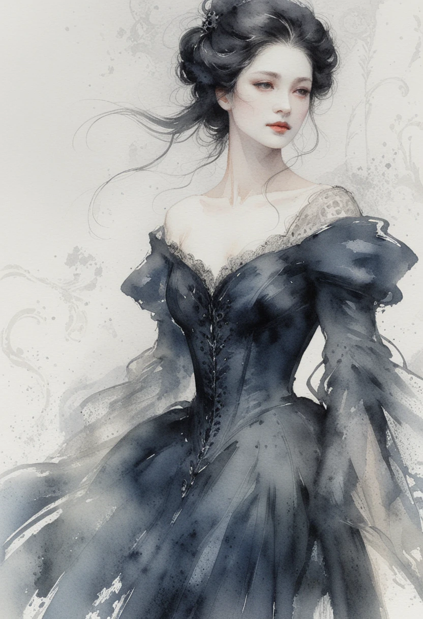 Retrato de mujer gótica victoriana con vestido oscuro y fluido
