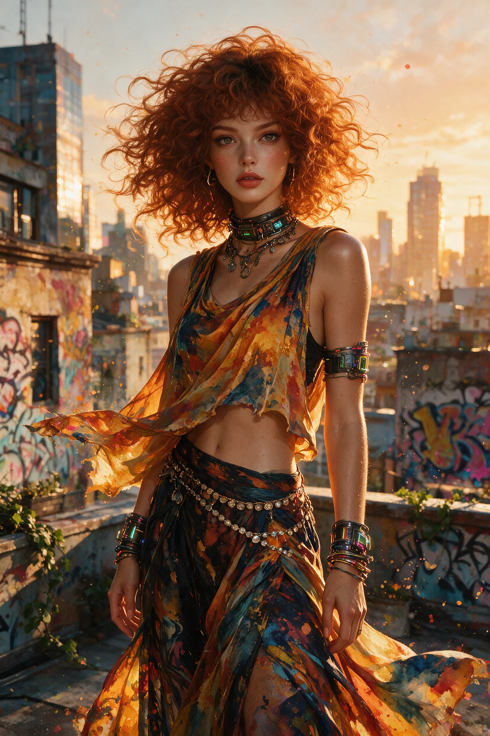 Diosa rebelde en un resplandeciente paisaje urbano de verano