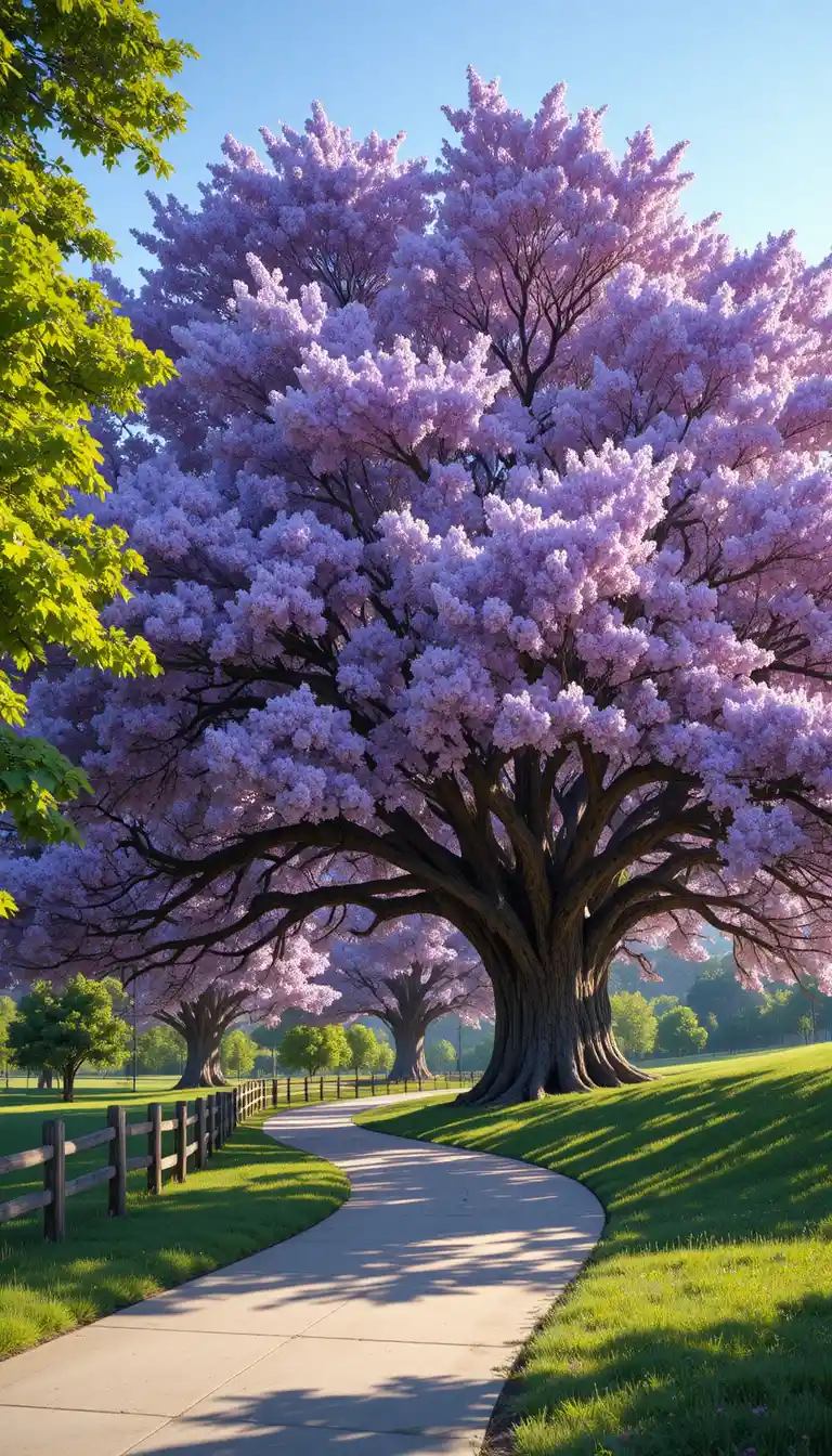Lavender Flowering Tree Arching Over Sunlit Park Path