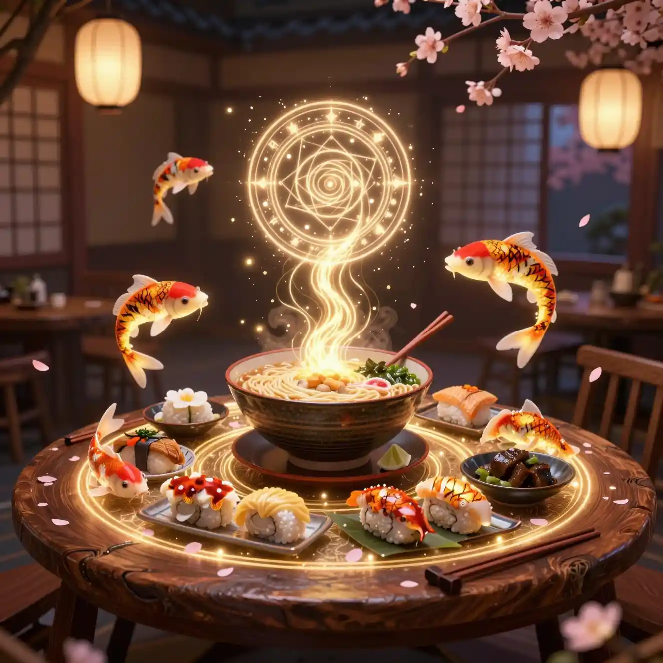 Enchanted Japanese feast with glowing ramen and sushi