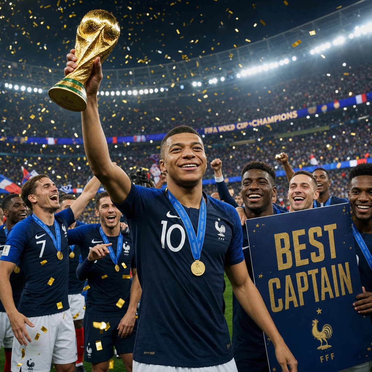 Capitano di calcio solleva la Coppa del Mondo con tifosi in festa
