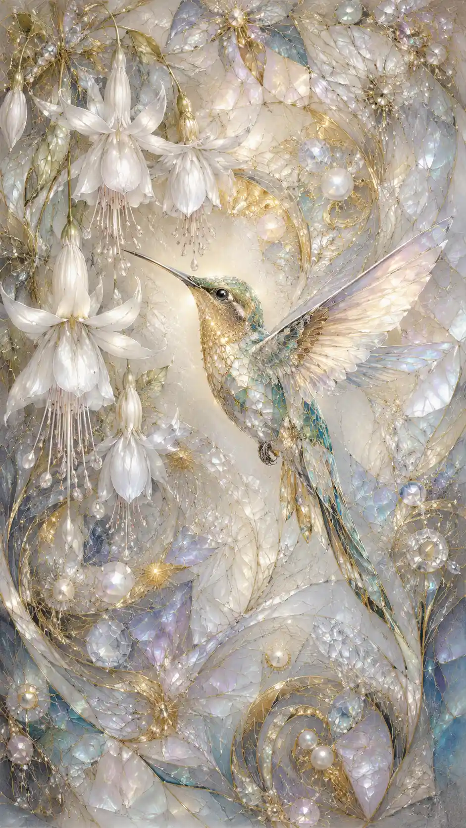 Colibri bohème avec accents dorés lumineux et fleurs blanches