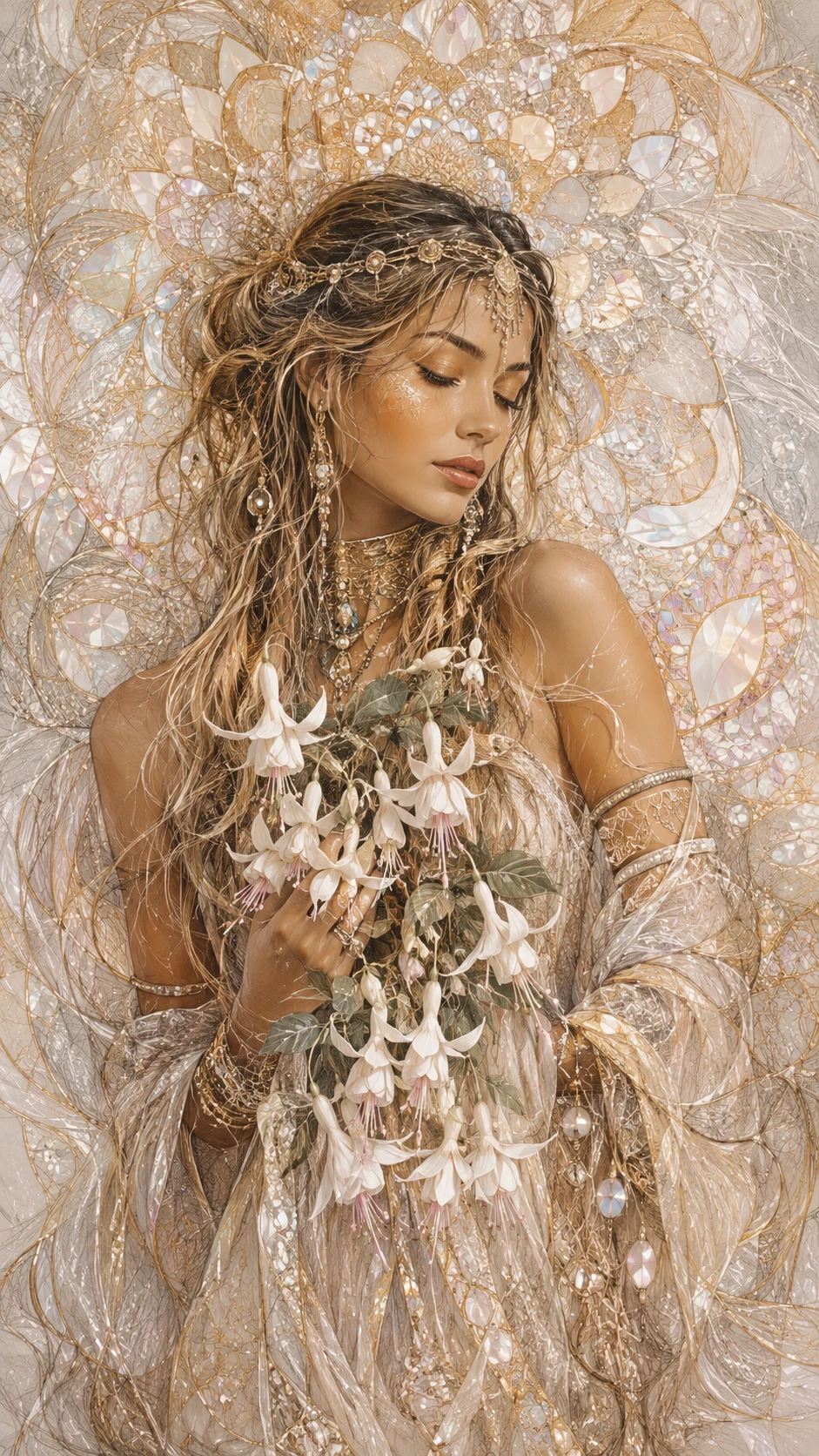 Mujer boho sosteniendo flores blancas con destellos dorados brillantes