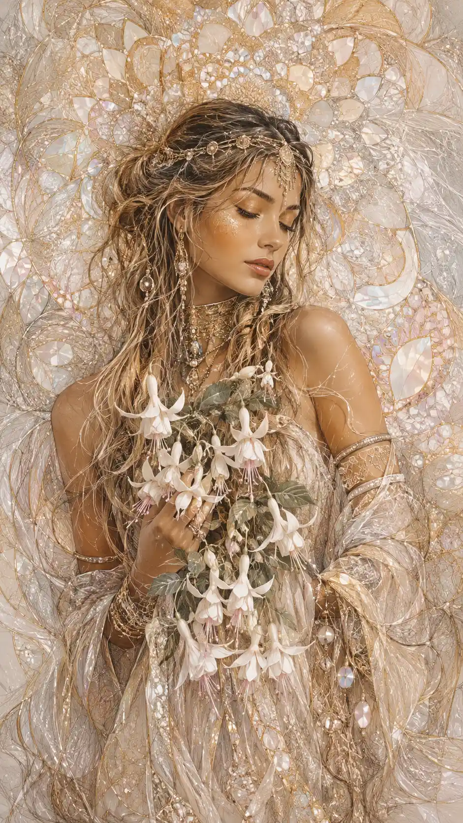 Mujer boho sosteniendo flores blancas con destellos dorados brillantes