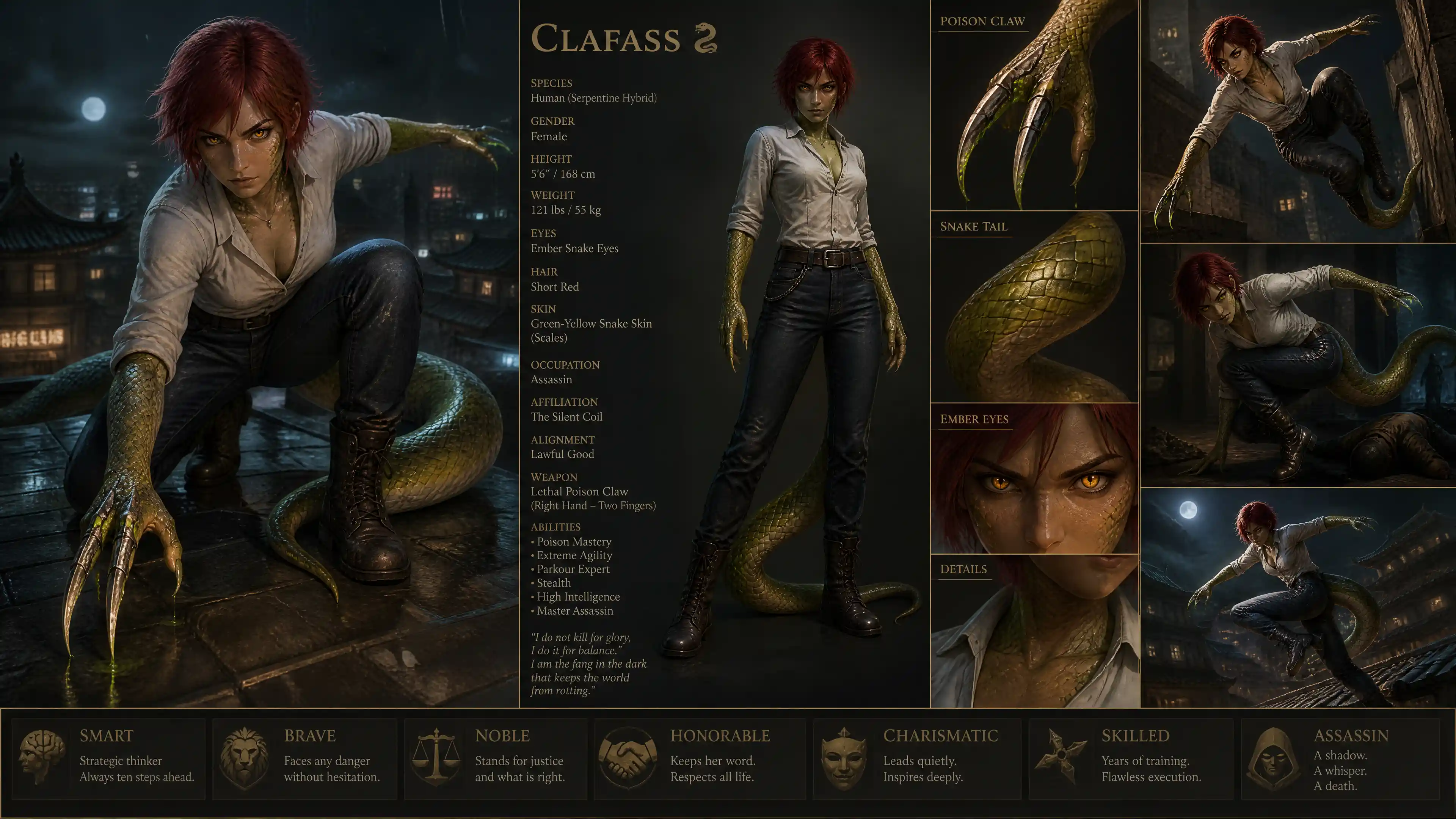 Green snake woman assassin with red hair and jeans