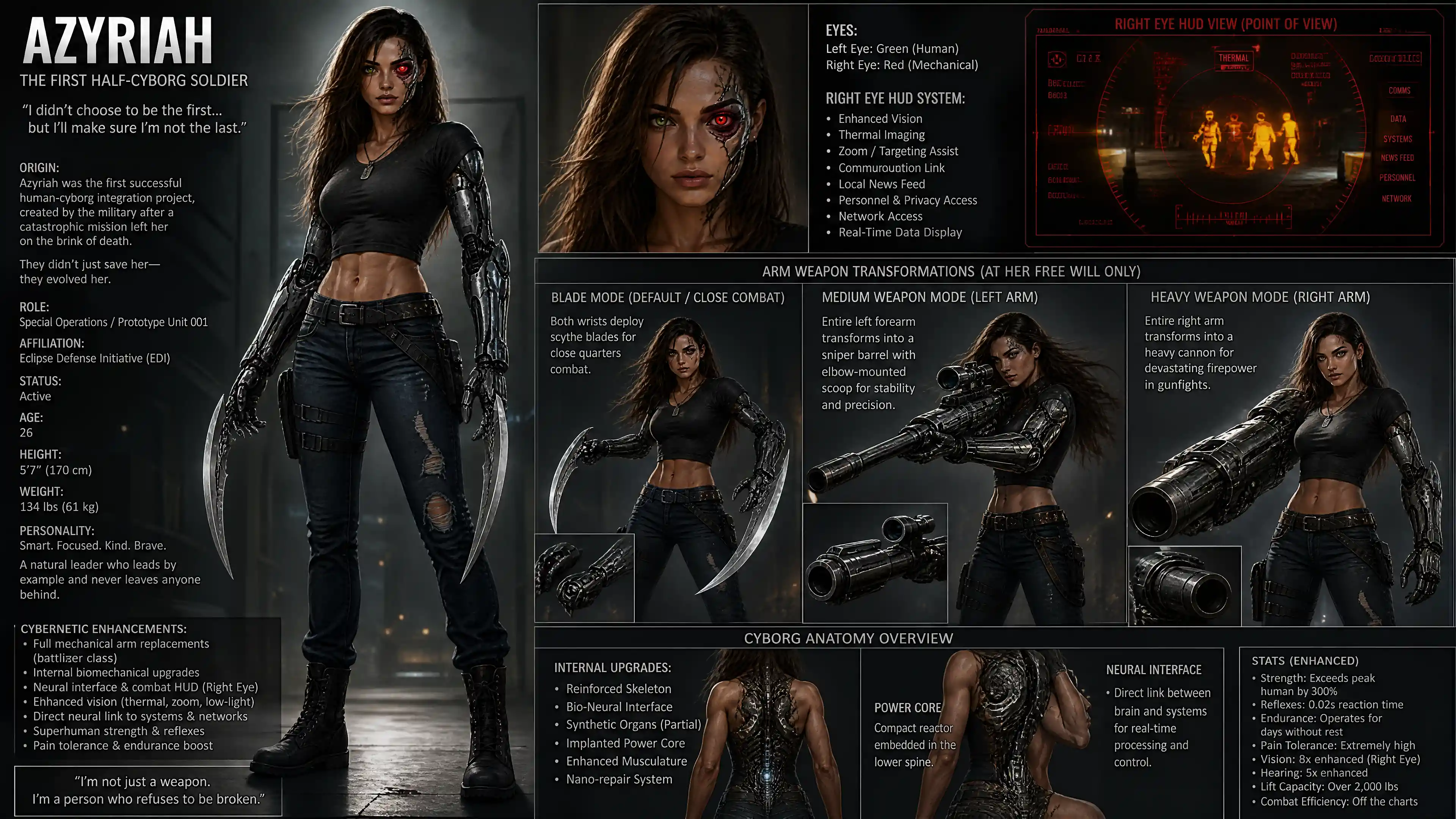 Brave half cyborg woman with mechanical arms and heterochromia