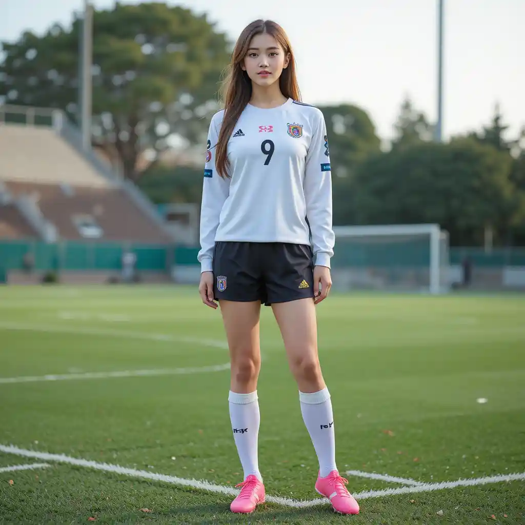 Joven surcoreana con uniforme de fútbol en el campo