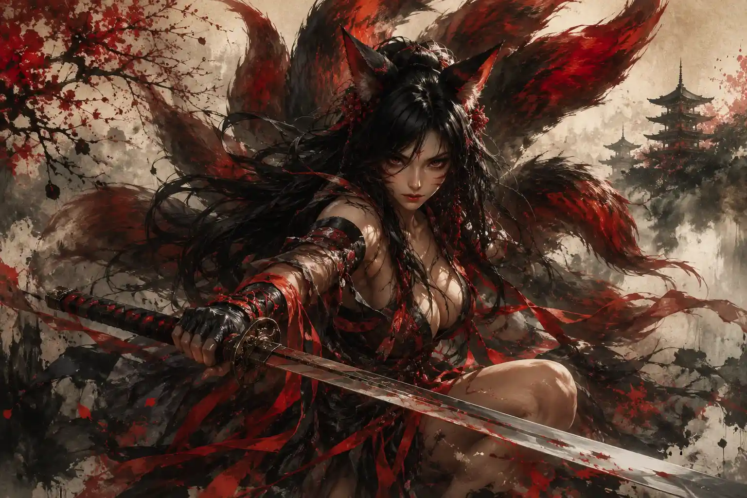 Guerrera zorro de nueve colas con katana en postura dramática