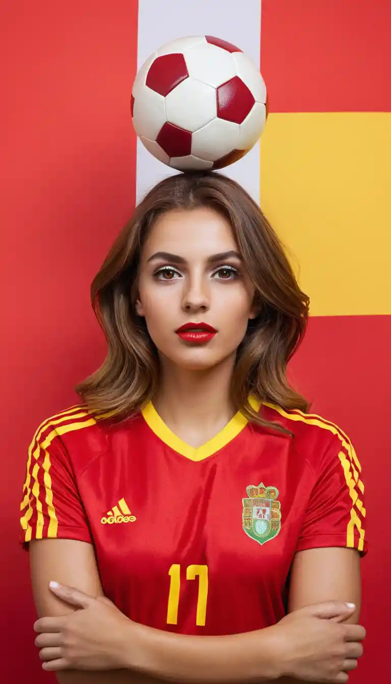 Attraktive Frau im engen Spanien-Fußballtrikot posiert selbstbewusst