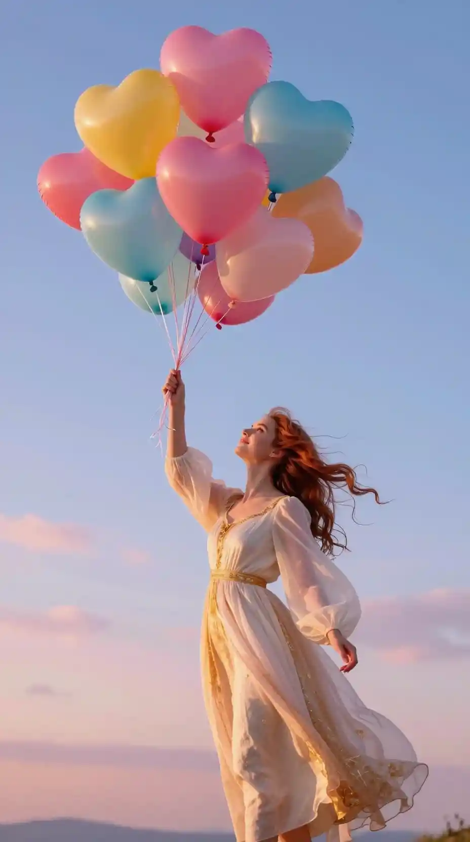 Mujer fantástica con globos de corazón frente a un cielo resplandeciente