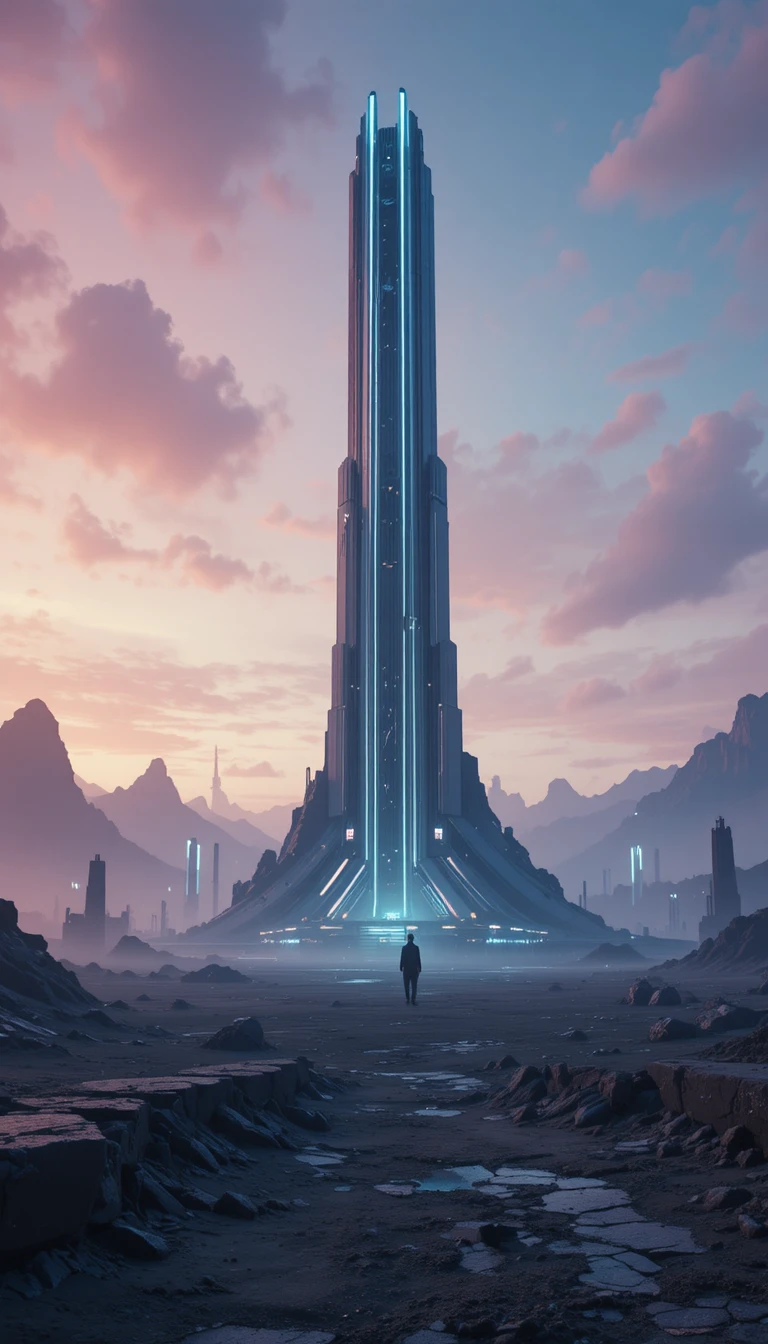 Torres de ciencia ficción futuristas en un solitario paisaje alienígena