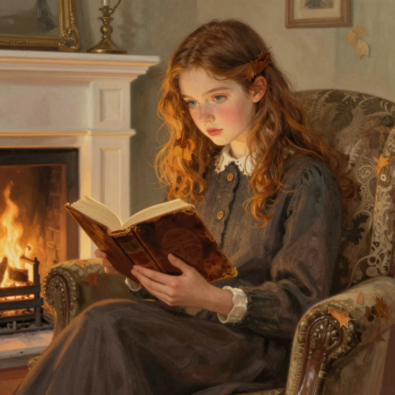 Niña leyendo un libro desgastado junto a la chimenea