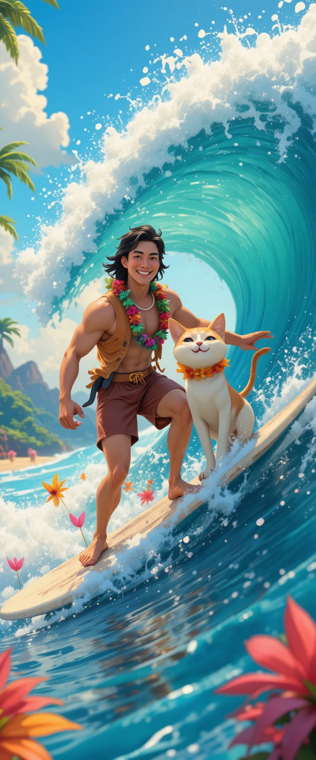 Hawaiian surfer riding a giant wave with his cat
