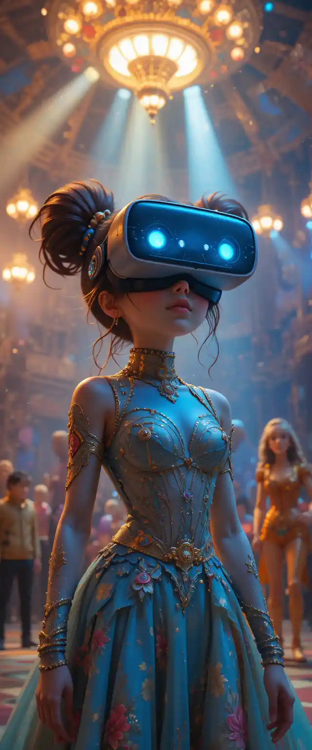 Mujer en mundo de circo virtual con cinco personas atrapadas