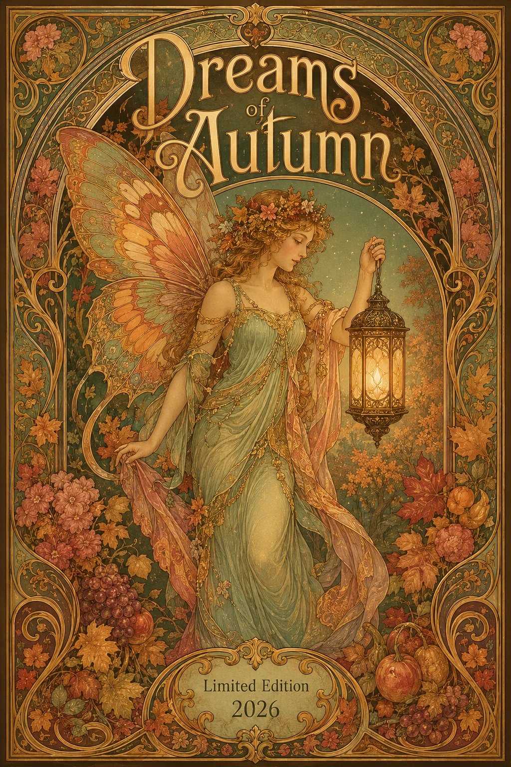 Hada art nouveau con farol en póster otoñal ornamentado