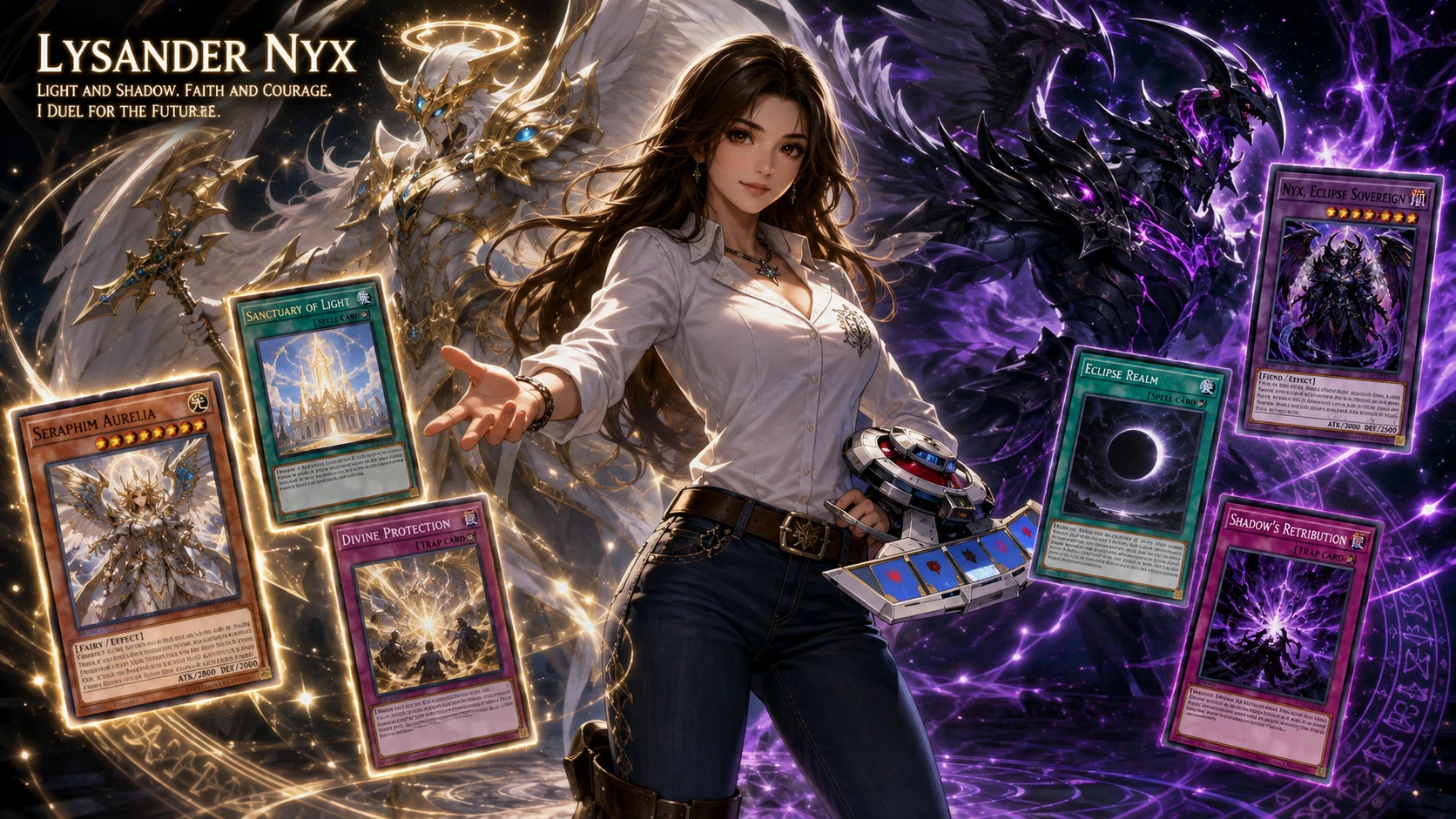 Alegre duelista de anime con cartas y disco de duelo