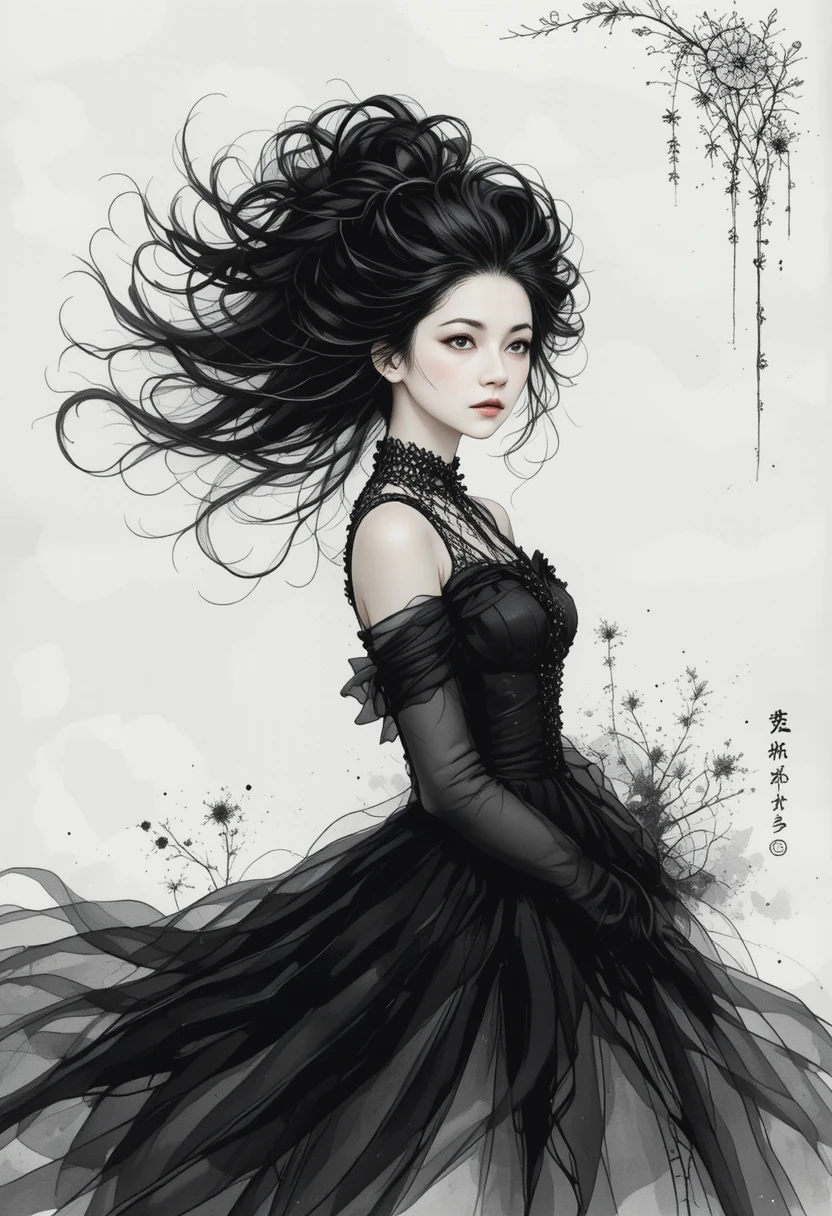 Elegant gothic woman in ink drawing on white background