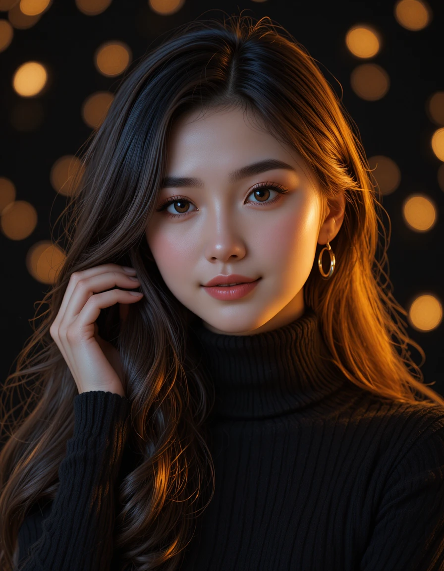 縁取りの光に照らされた黒いタートルネックの微笑む女性