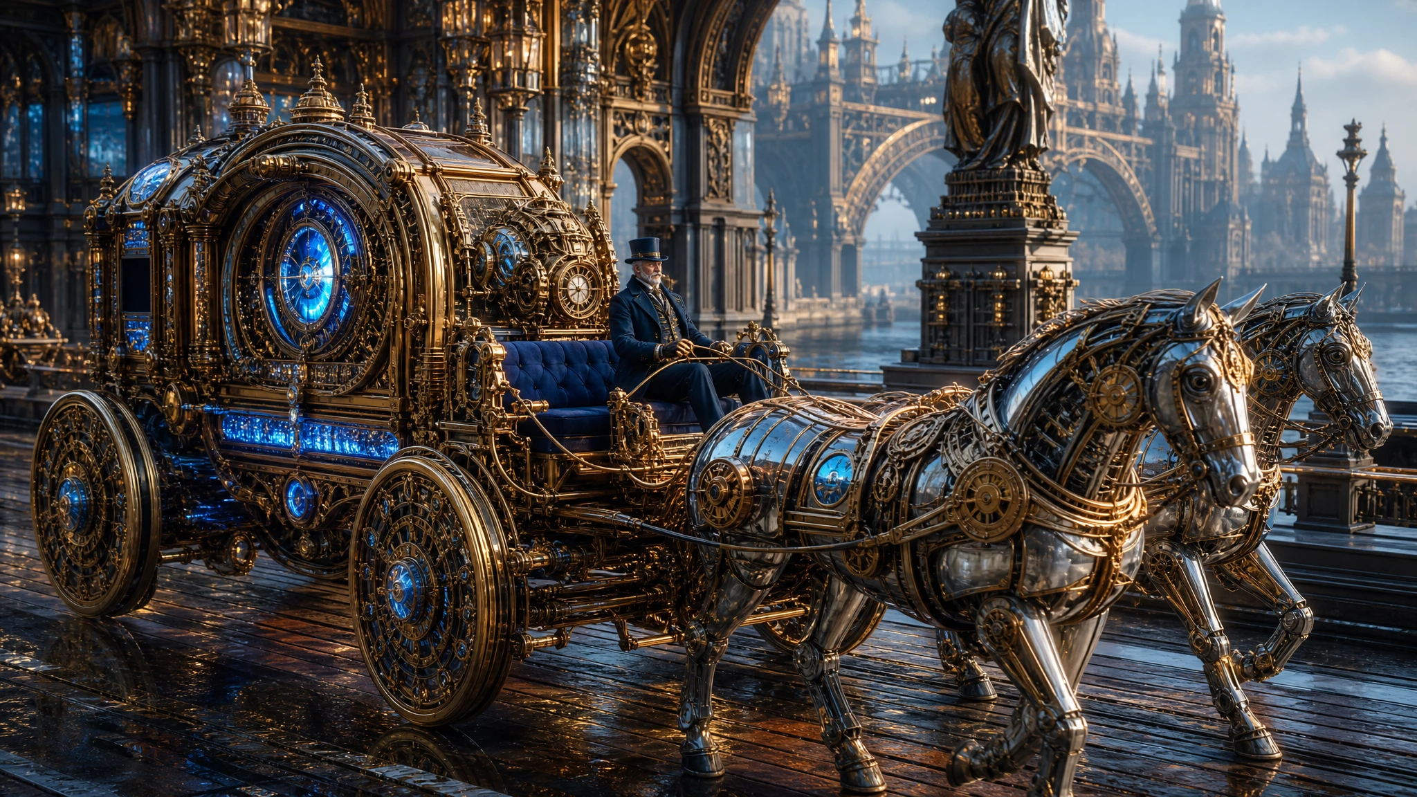 Futuristic clockwork carriage with mechanical horses by the river