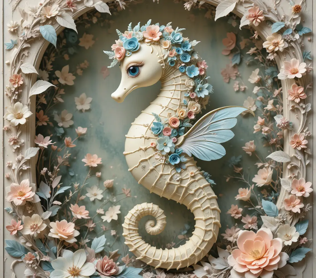 Dreamy Floral Seahorse In Pastel Fantasy Illustration