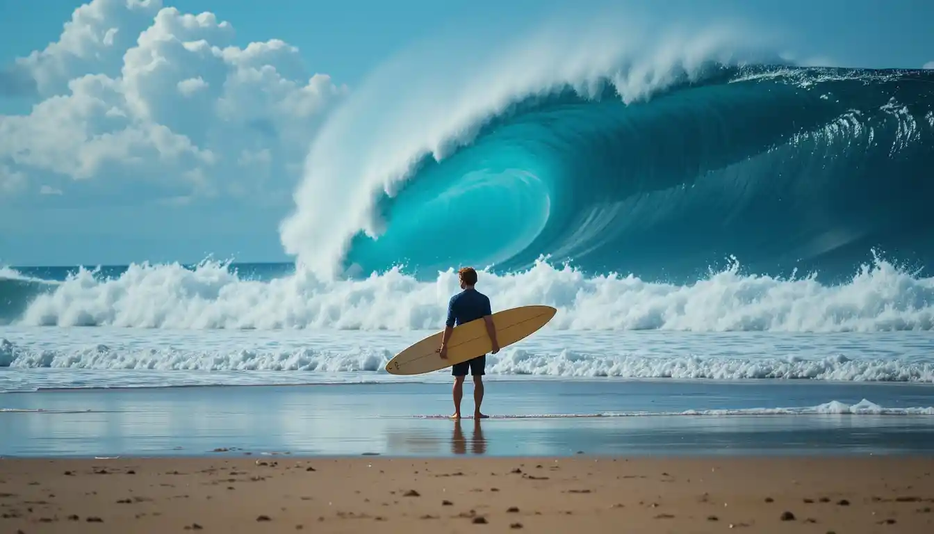 Hombre con tabla de surf frente a una ola gigante en la playa