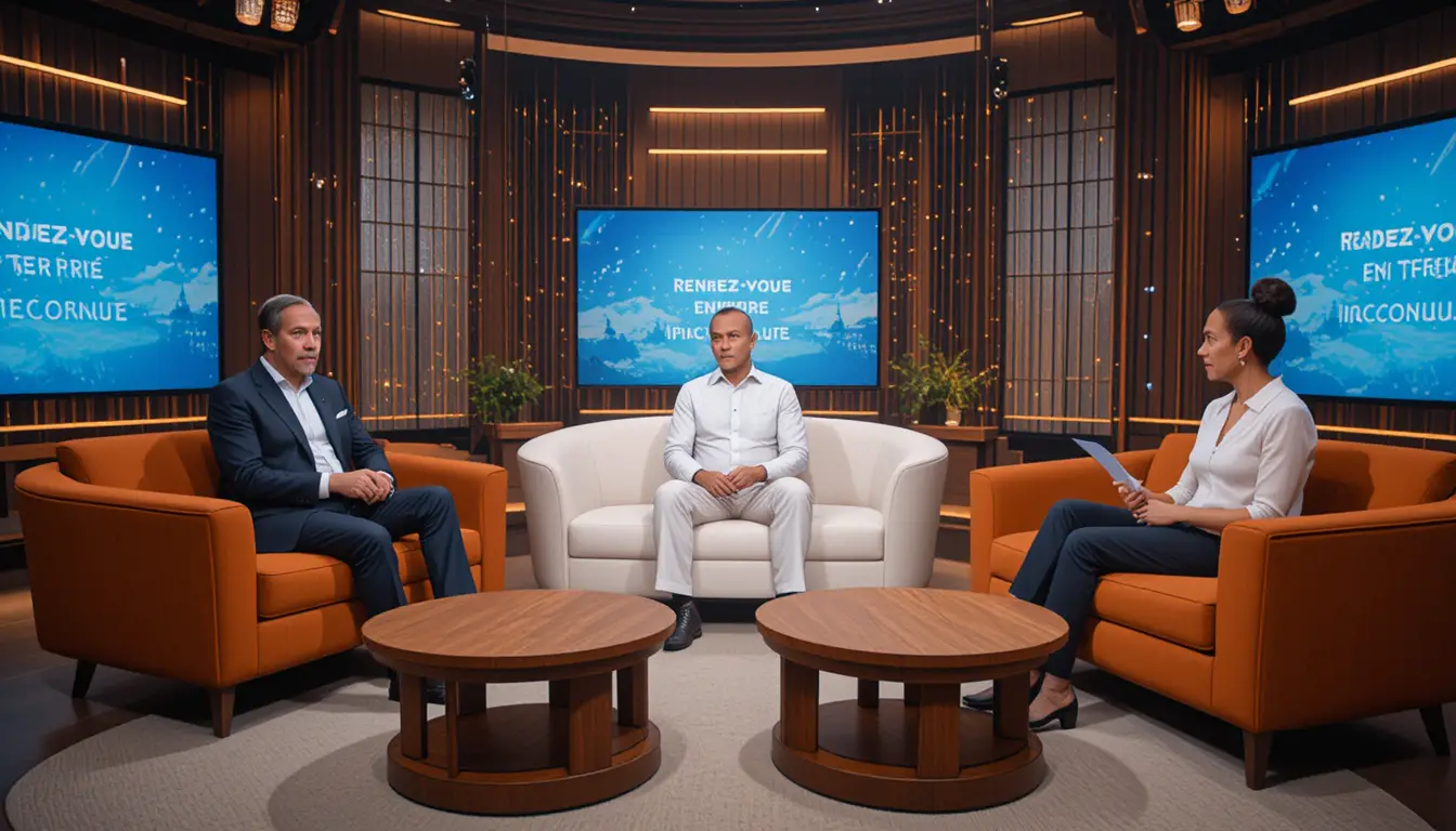 Television talk show set with three hosts in conversation