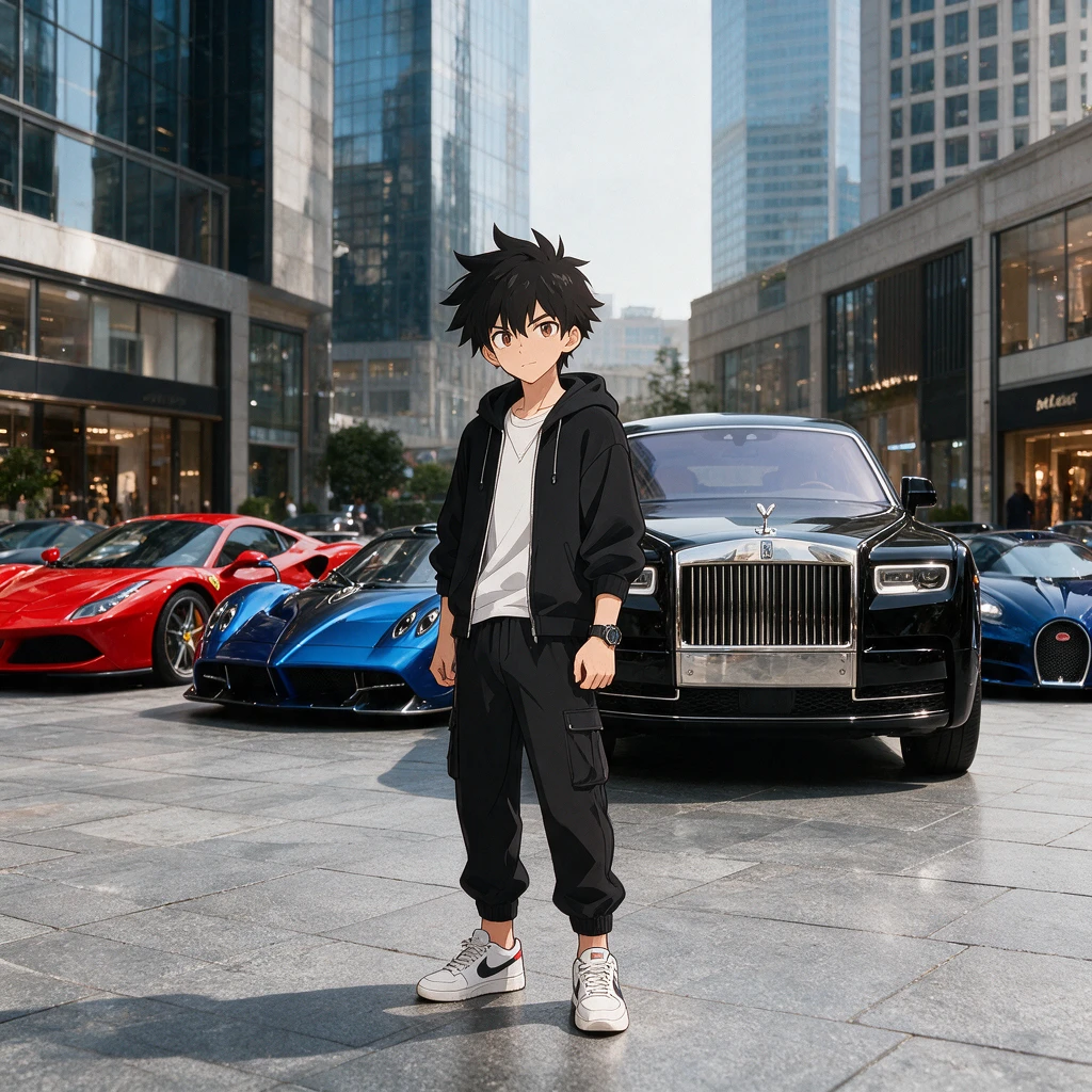 高級スポーツカーが並ぶ街のアニメキャラクター