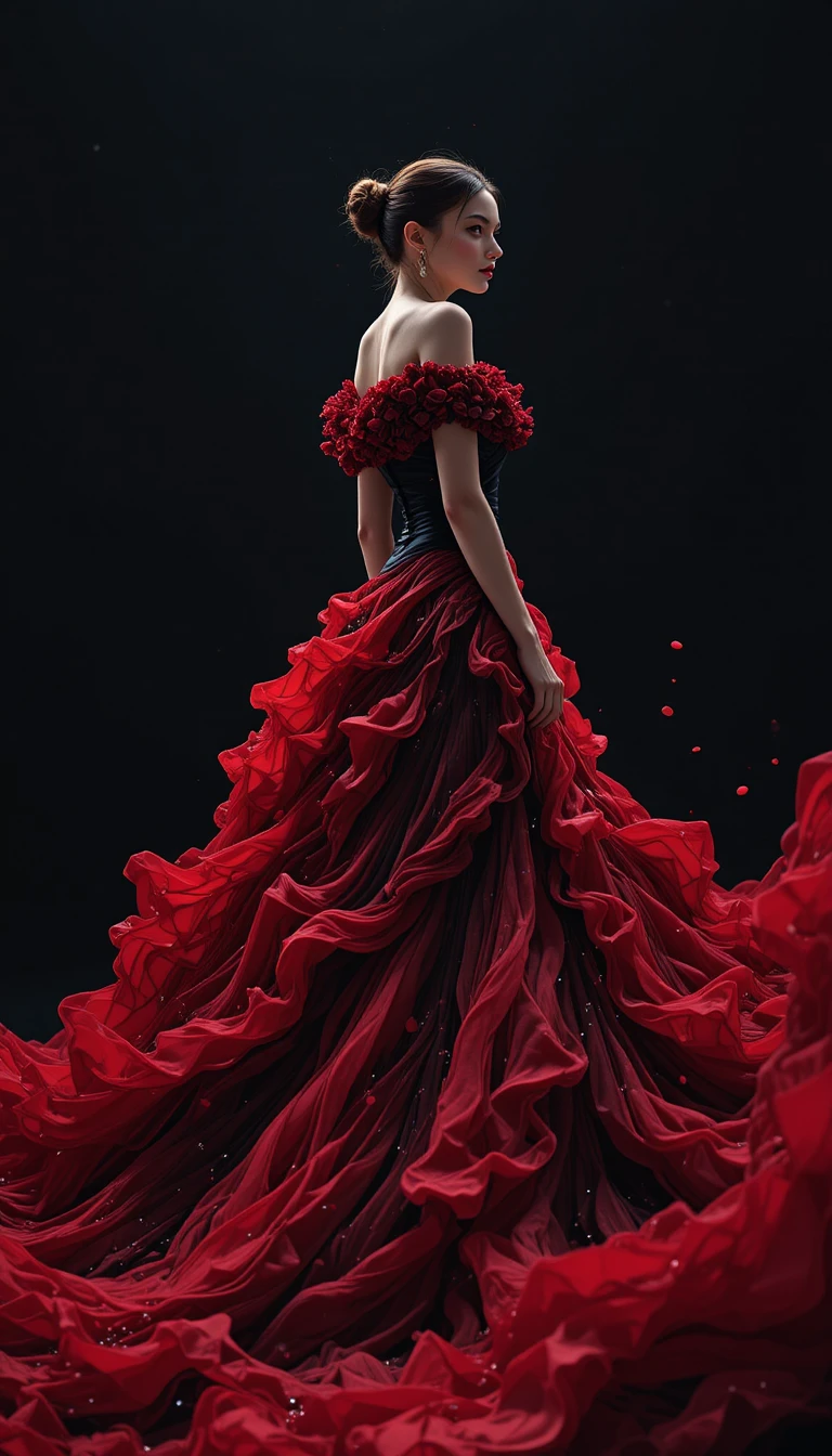 Mujer con un vestido de alta costura rojo fluido sobre fondo negro