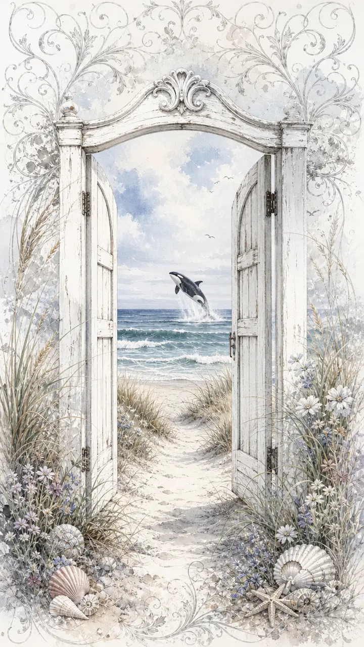 Open white wooden gate revealing a serene sandy beach