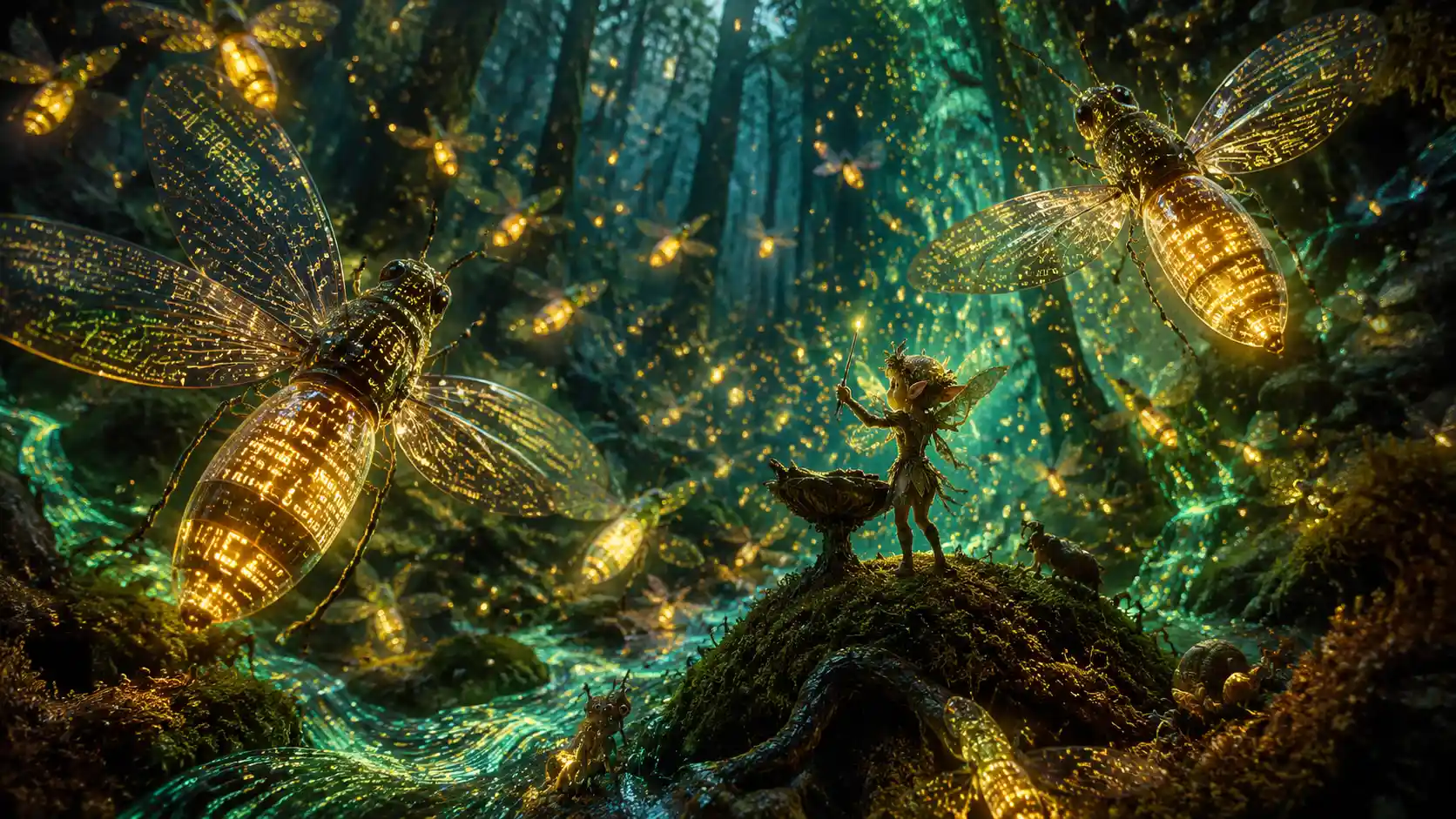 Enchanted Forest Spirit Conducting Swarm Of Data Fireflies